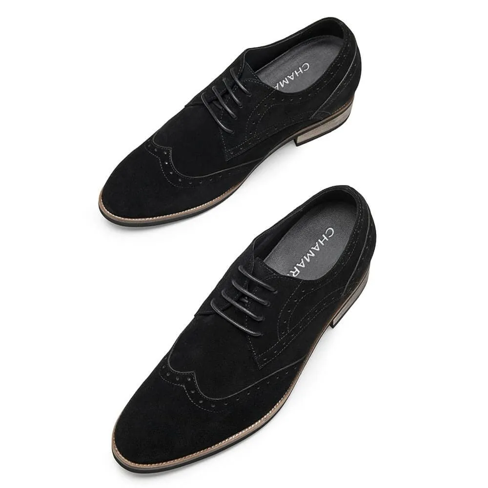 7CM /2.76 Inches CMR CHAMARIPA Elevator Shoes High Heel Men Dress Shoes Height Increasing Black Suede Wingtip Brogues