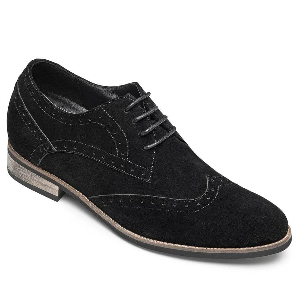 7CM /2.76 Inches CMR CHAMARIPA Elevator Shoes High Heel Men Dress Shoes Height Increasing Black Suede Wingtip Brogues