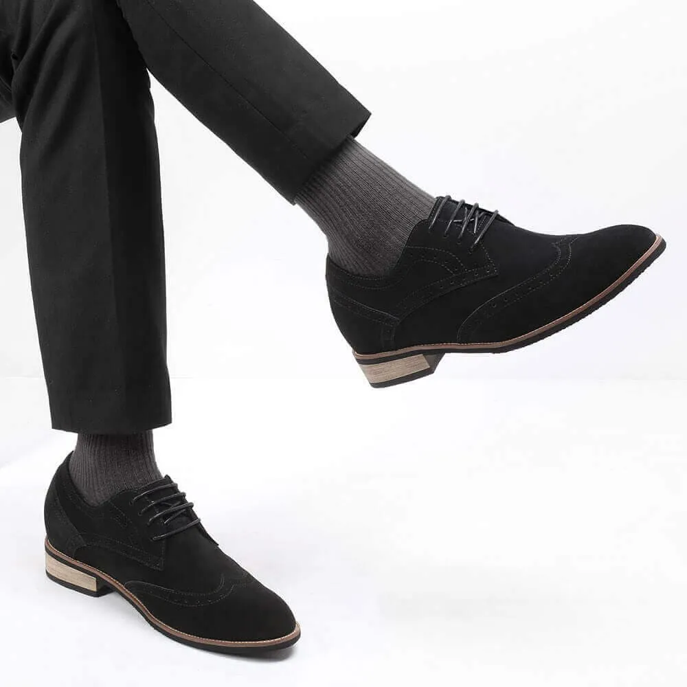 7CM /2.76 Inches CMR CHAMARIPA Elevator Shoes High Heel Men Dress Shoes Height Increasing Black Suede Wingtip Brogues