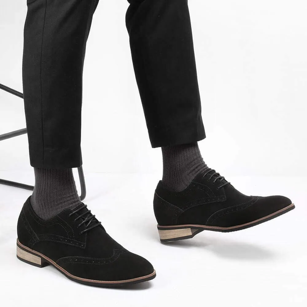 7CM /2.76 Inches CMR CHAMARIPA Elevator Shoes High Heel Men Dress Shoes Height Increasing Black Suede Wingtip Brogues