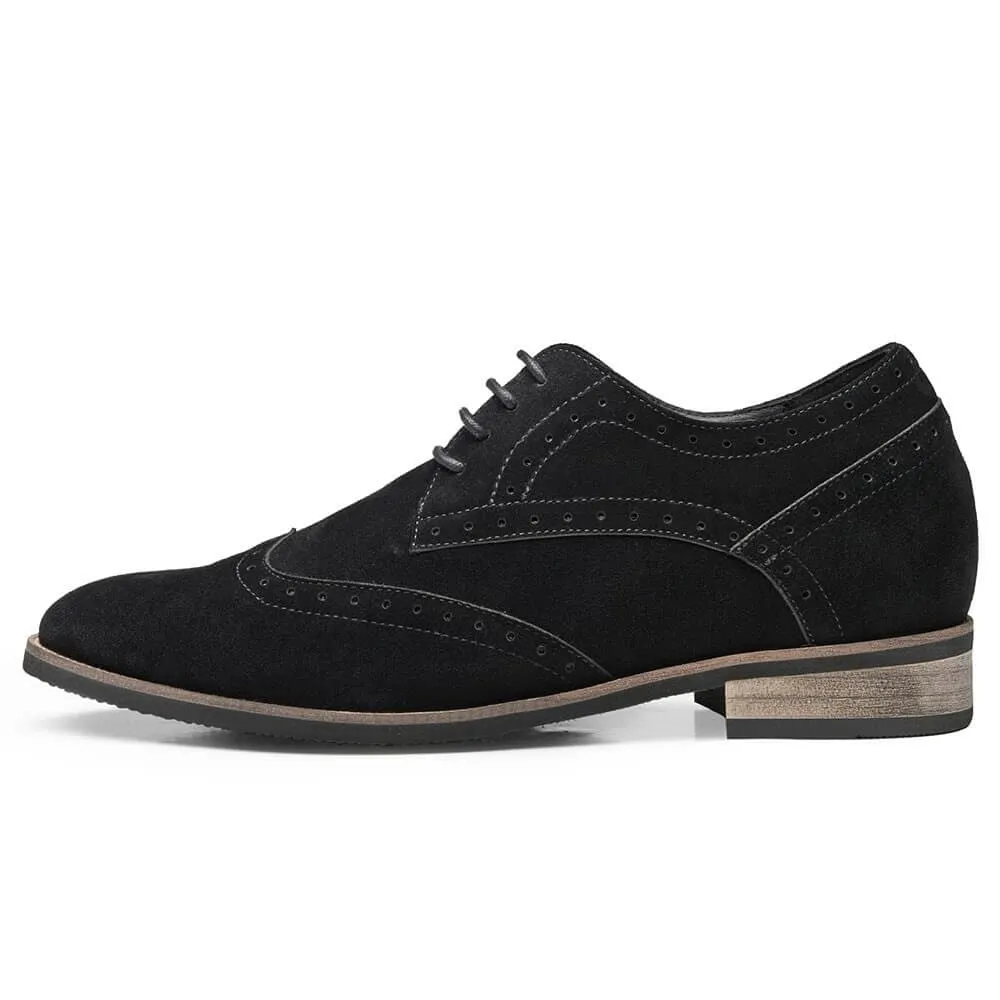 7CM /2.76 Inches CMR CHAMARIPA Elevator Shoes High Heel Men Dress Shoes Height Increasing Black Suede Wingtip Brogues