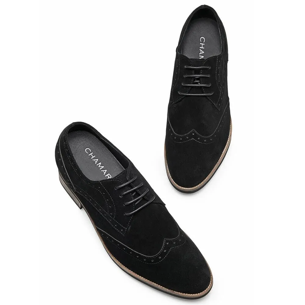 7CM /2.76 Inches CMR CHAMARIPA Elevator Shoes High Heel Men Dress Shoes Height Increasing Black Suede Wingtip Brogues