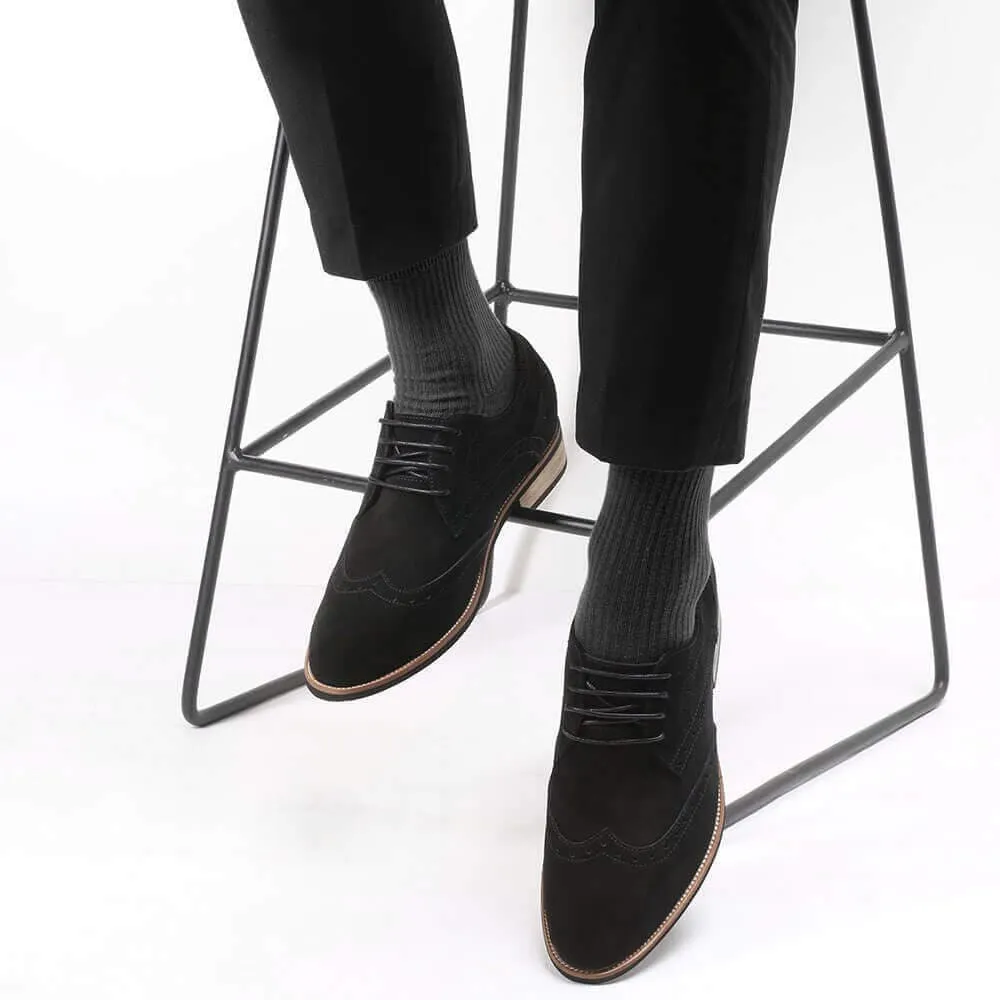 7CM /2.76 Inches CMR CHAMARIPA Elevator Shoes High Heel Men Dress Shoes Height Increasing Black Suede Wingtip Brogues