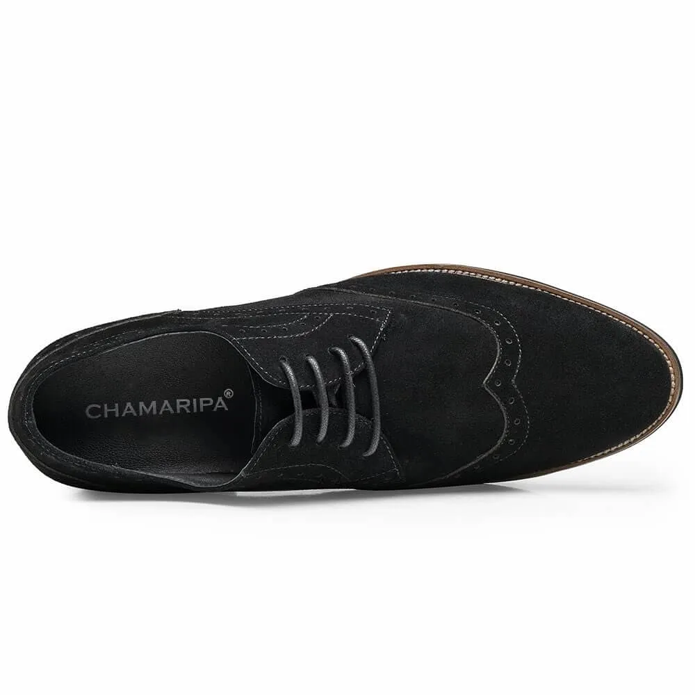 7CM /2.76 Inches CMR CHAMARIPA Elevator Shoes High Heel Men Dress Shoes Height Increasing Black Suede Wingtip Brogues