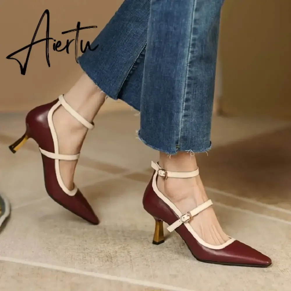 Aiertu NEW Spring/Summer Women Shoes Pointed Toe Thin Heel Pumps for Women Elegant Cow Leather Shoes sexy High Heels Elegant Mary Janes