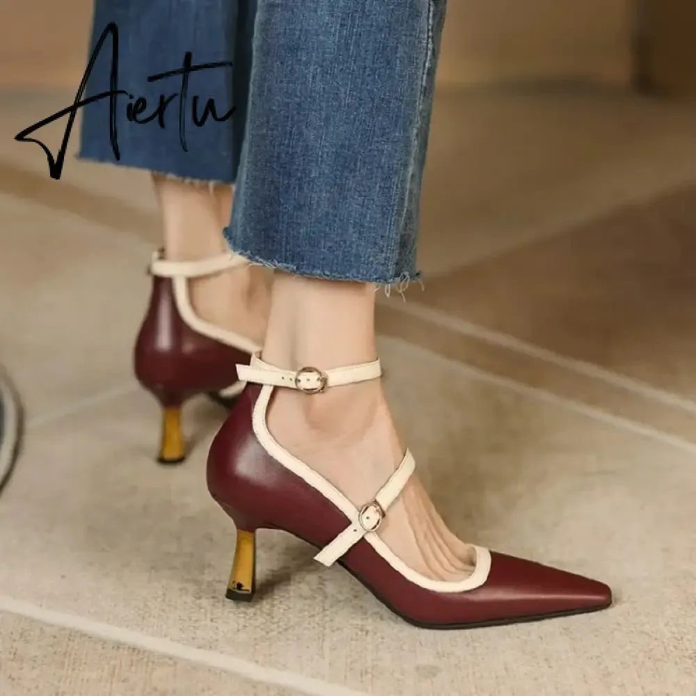 Aiertu NEW Spring/Summer Women Shoes Pointed Toe Thin Heel Pumps for Women Elegant Cow Leather Shoes sexy High Heels Elegant Mary Janes