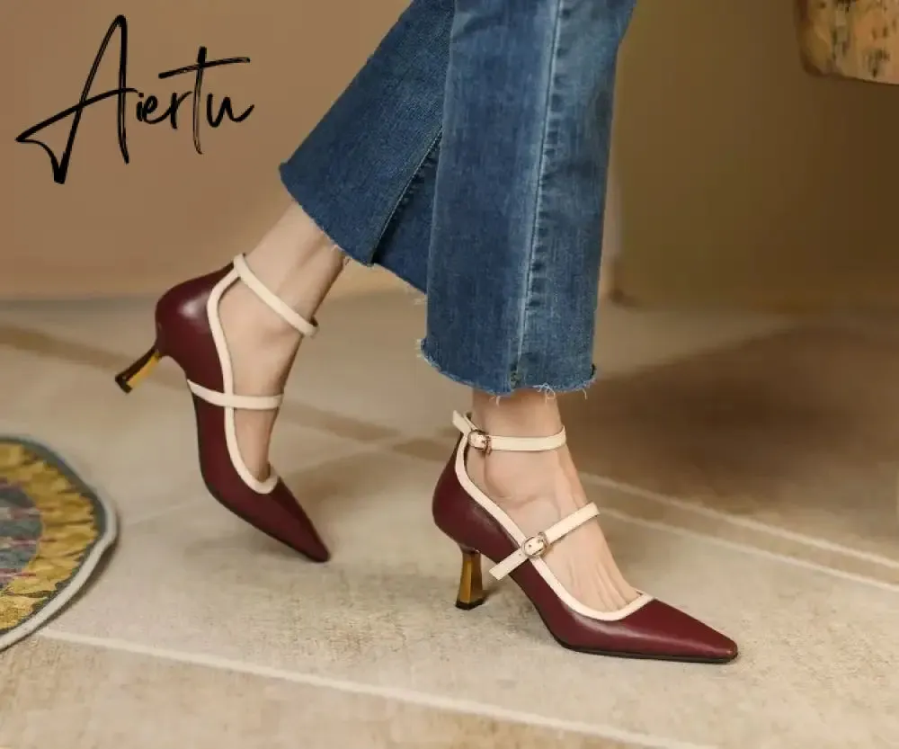 Aiertu NEW Spring/Summer Women Shoes Pointed Toe Thin Heel Pumps for Women Elegant Cow Leather Shoes sexy High Heels Elegant Mary Janes