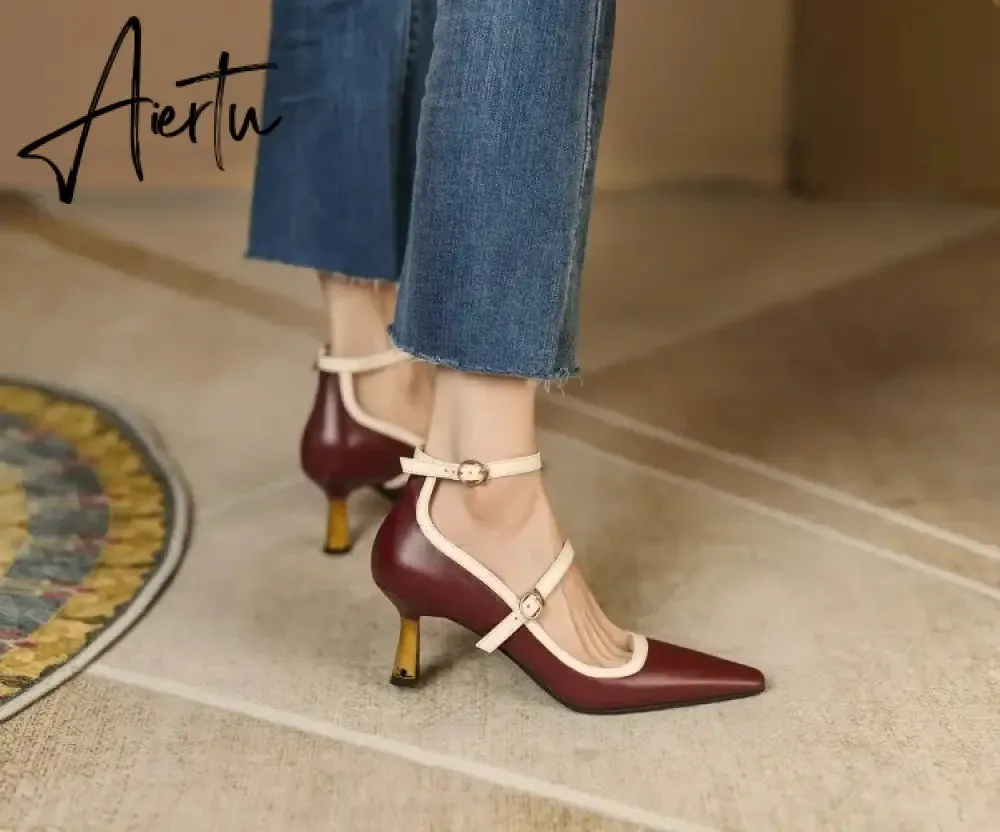 Aiertu NEW Spring/Summer Women Shoes Pointed Toe Thin Heel Pumps for Women Elegant Cow Leather Shoes sexy High Heels Elegant Mary Janes