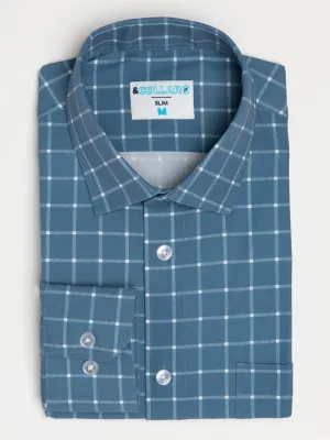 &Collar Blue With White Plaid Print Slim Fit Long Sleeve Button Up Shirt With Front Pocket