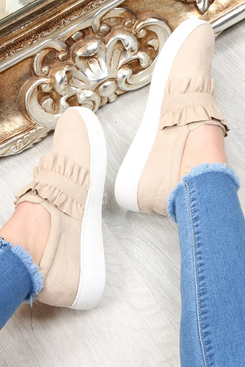 Beige Faux Suede Frill Slip On Trainers - Nara