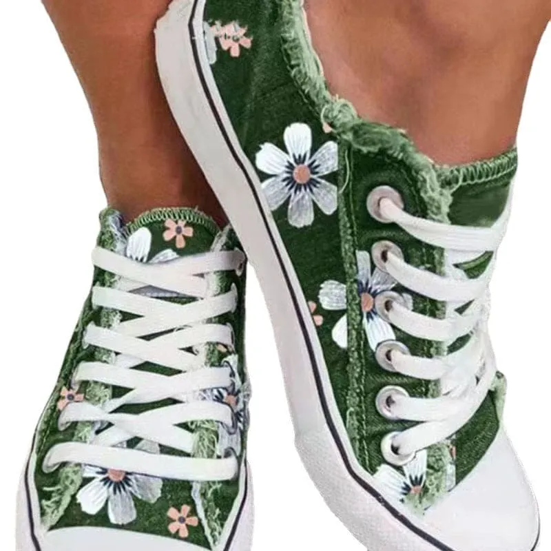 Breathable Floral Lace-Up Canvas Skate Shoes