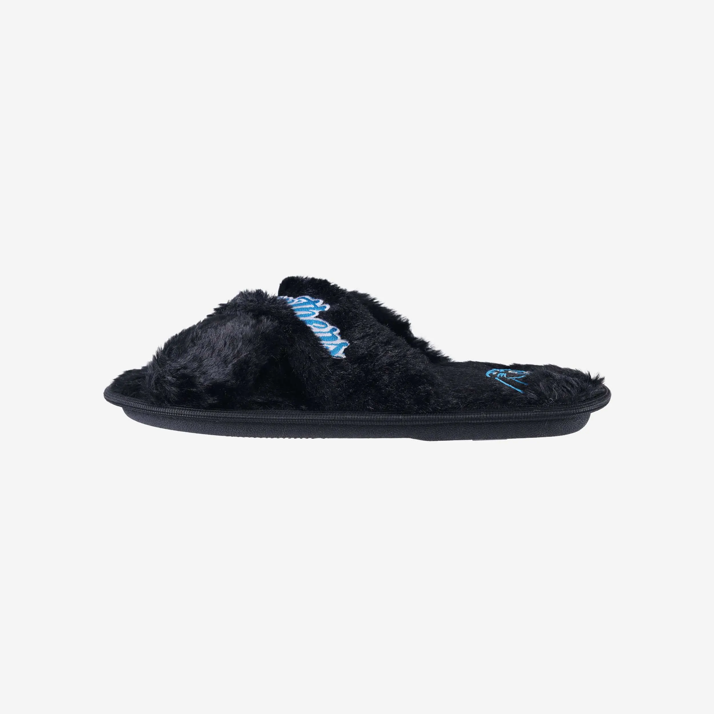 Carolina Panthers Womens Script Wordmark Fur Cross Slide