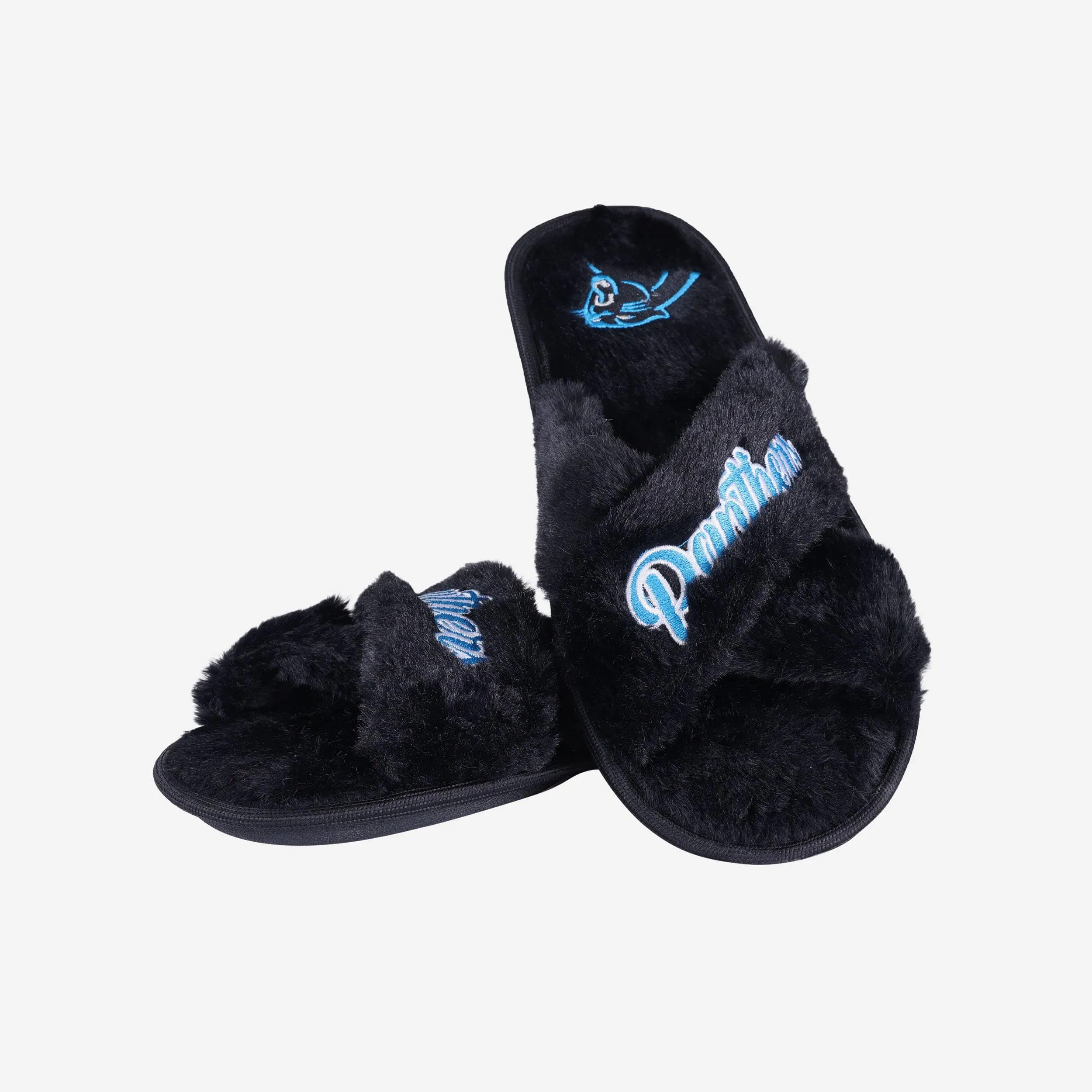 Carolina Panthers Womens Script Wordmark Fur Cross Slide