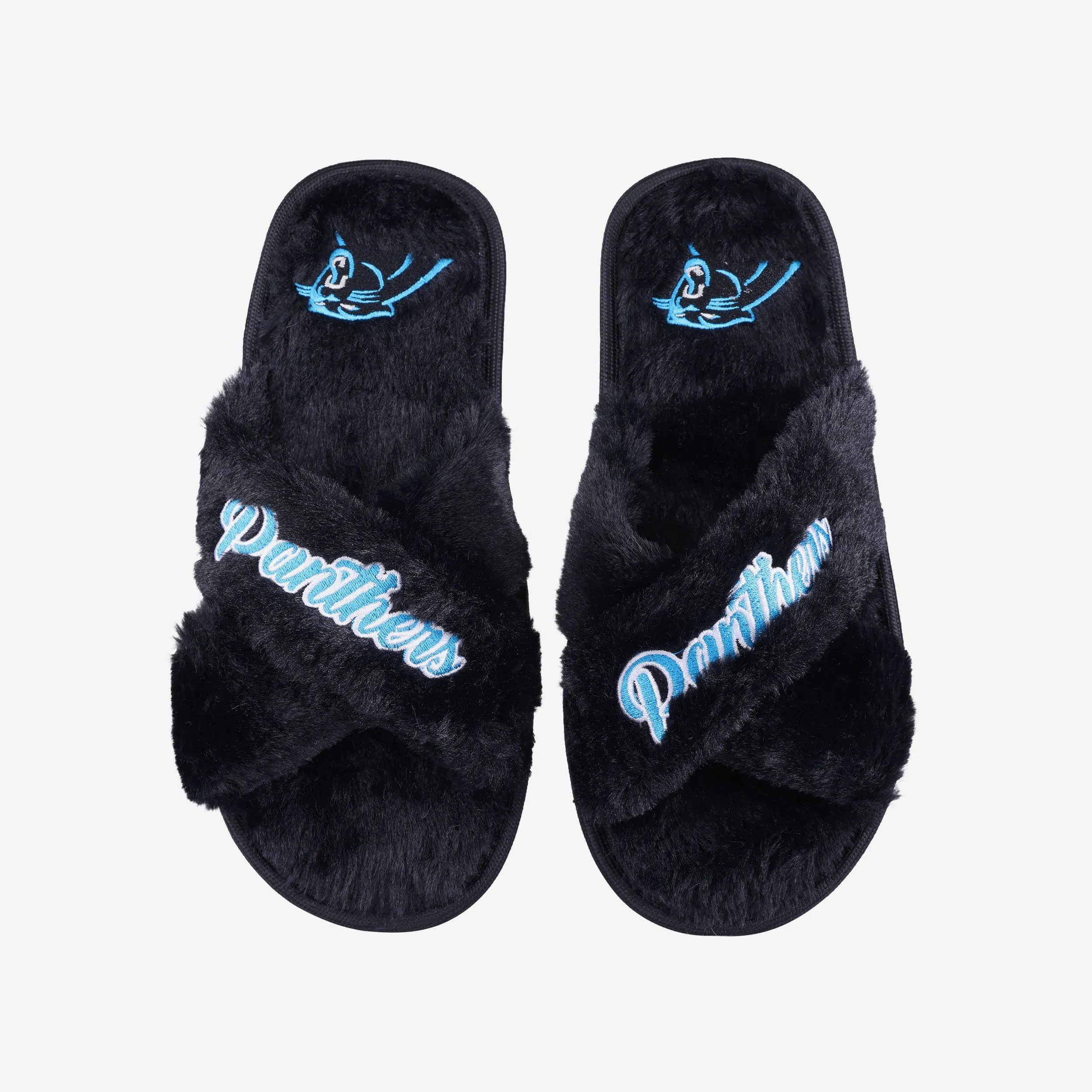 Carolina Panthers Womens Script Wordmark Fur Cross Slide