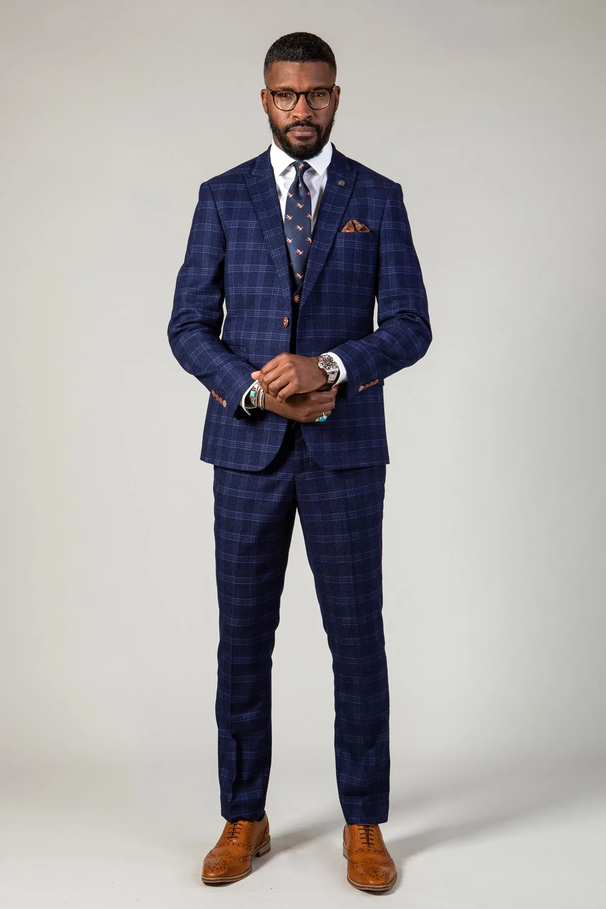 CHIGWELL - Blue Tweed Check Three Piece Suit