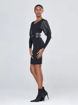 Faux-Leather Puff-Sleeve Sweater Dress