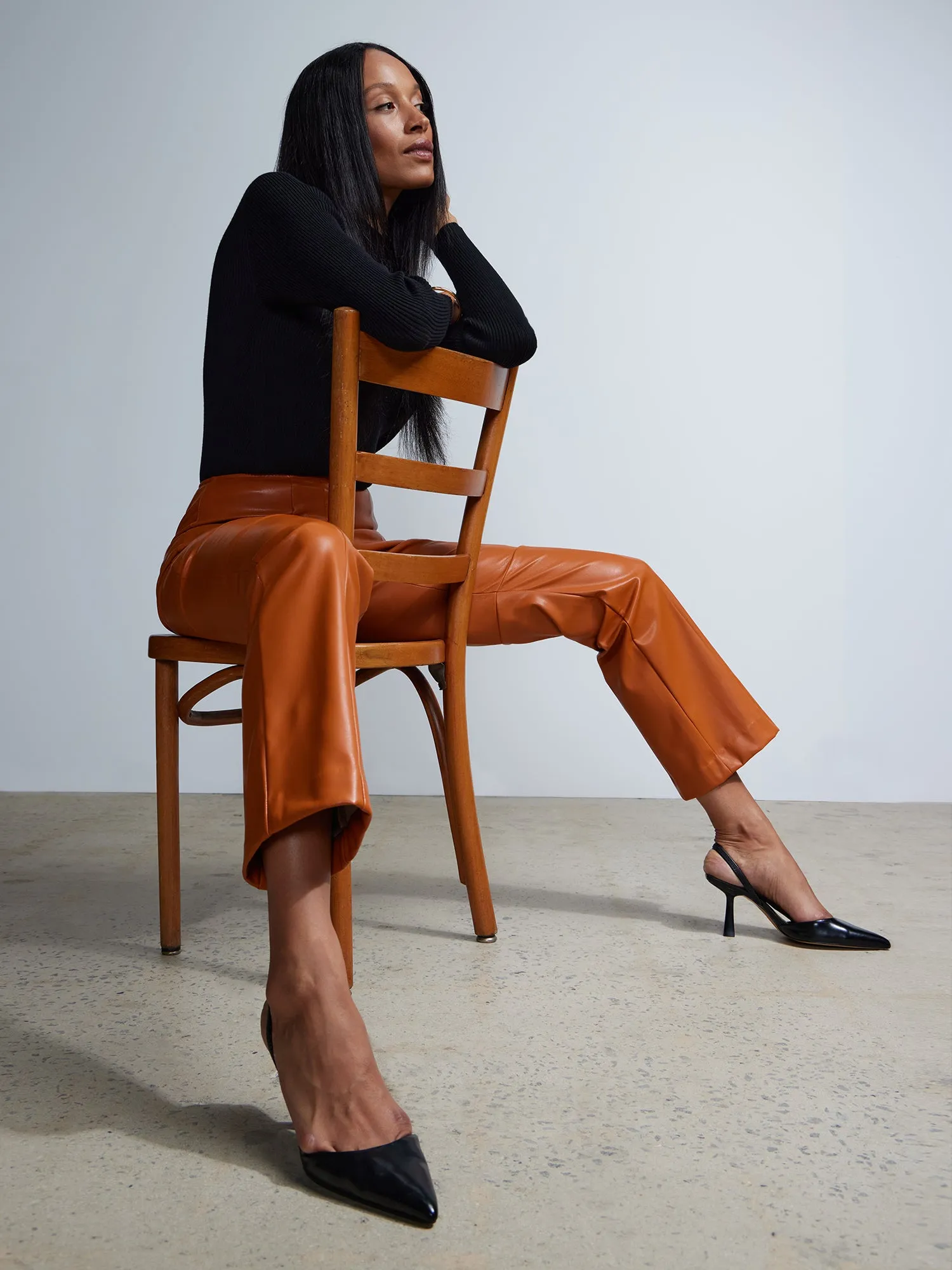 Faux Leather Seamed Straight Leg Pant