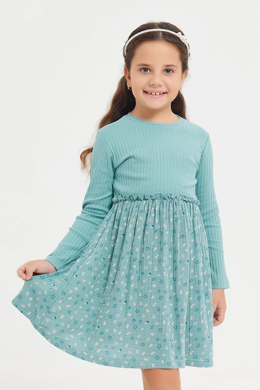 Girls Green Rib Printed Double Gauze Dress