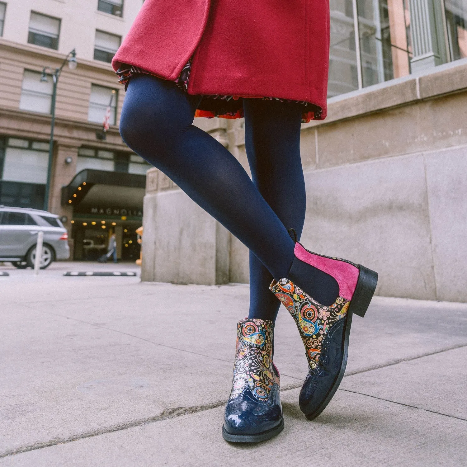 Mamacita - Navy Pink - Women's almond toe chelsea boot with wingtip brogue detail