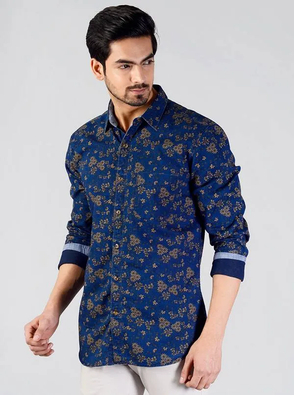 Midnight Navy Printed Slim Fit Casual Shirt | JadeBlue