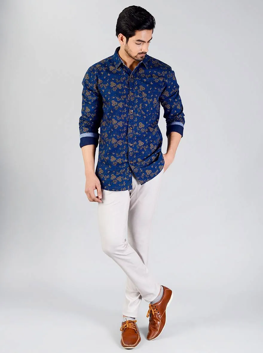 Midnight Navy Printed Slim Fit Casual Shirt | JadeBlue