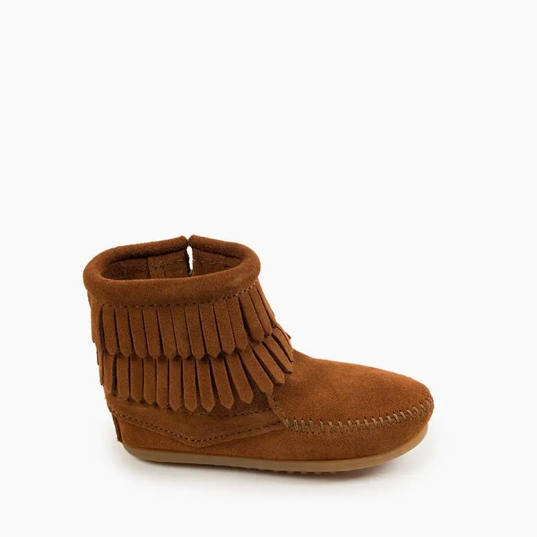 Minnetonka® Kids' Double Fringe Side Zipper Suede Leather Moccasins