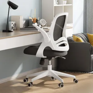 Office Chair with Flip-Up Armrests, Desk Chair with Saddle Cushion, Ergonomic Office Chair with S-Shaped Backrest, Comfy Mesh Chair for Home and Office, White