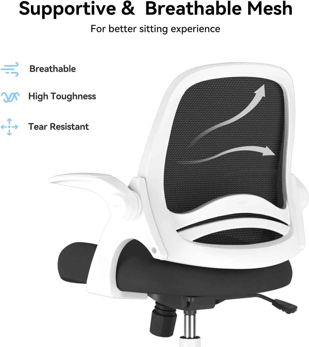 Office Chair with Flip-Up Armrests, Desk Chair with Saddle Cushion, Ergonomic Office Chair with S-Shaped Backrest, Comfy Mesh Chair for Home and Office, White