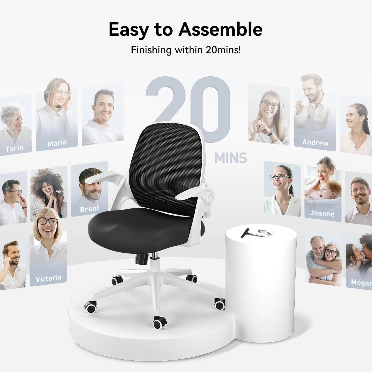 Office Chair with Flip-Up Armrests, Desk Chair with Saddle Cushion, Ergonomic Office Chair with S-Shaped Backrest, Comfy Mesh Chair for Home and Office, White