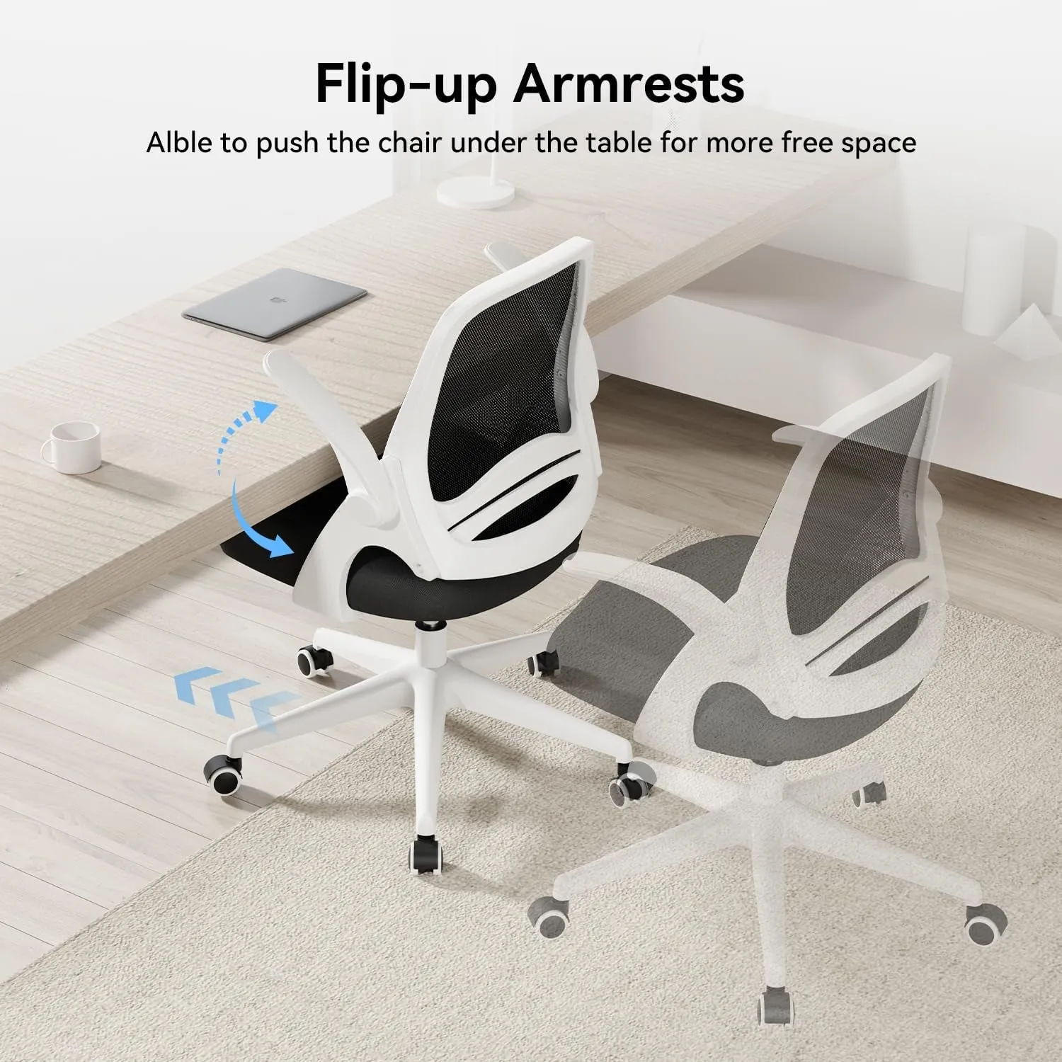 Office Chair with Flip-Up Armrests, Desk Chair with Saddle Cushion, Ergonomic Office Chair with S-Shaped Backrest, Comfy Mesh Chair for Home and Office, White