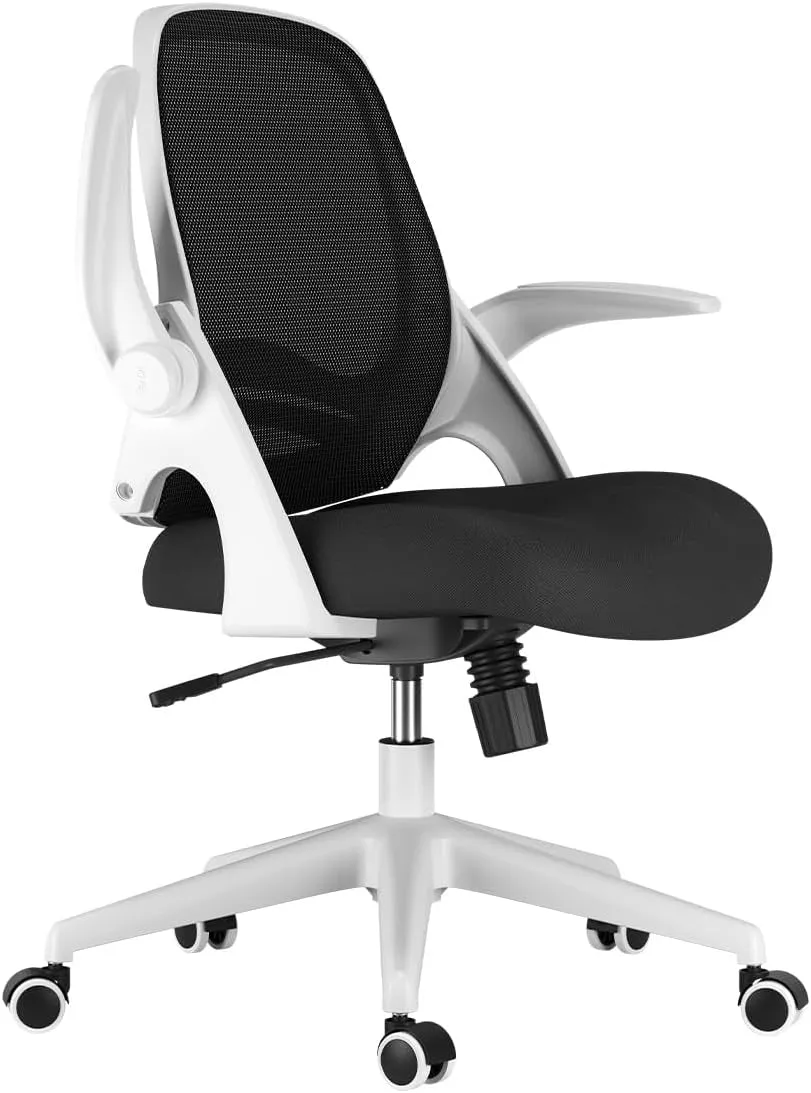 Office Chair with Flip-Up Armrests, Desk Chair with Saddle Cushion, Ergonomic Office Chair with S-Shaped Backrest, Comfy Mesh Chair for Home and Office, White