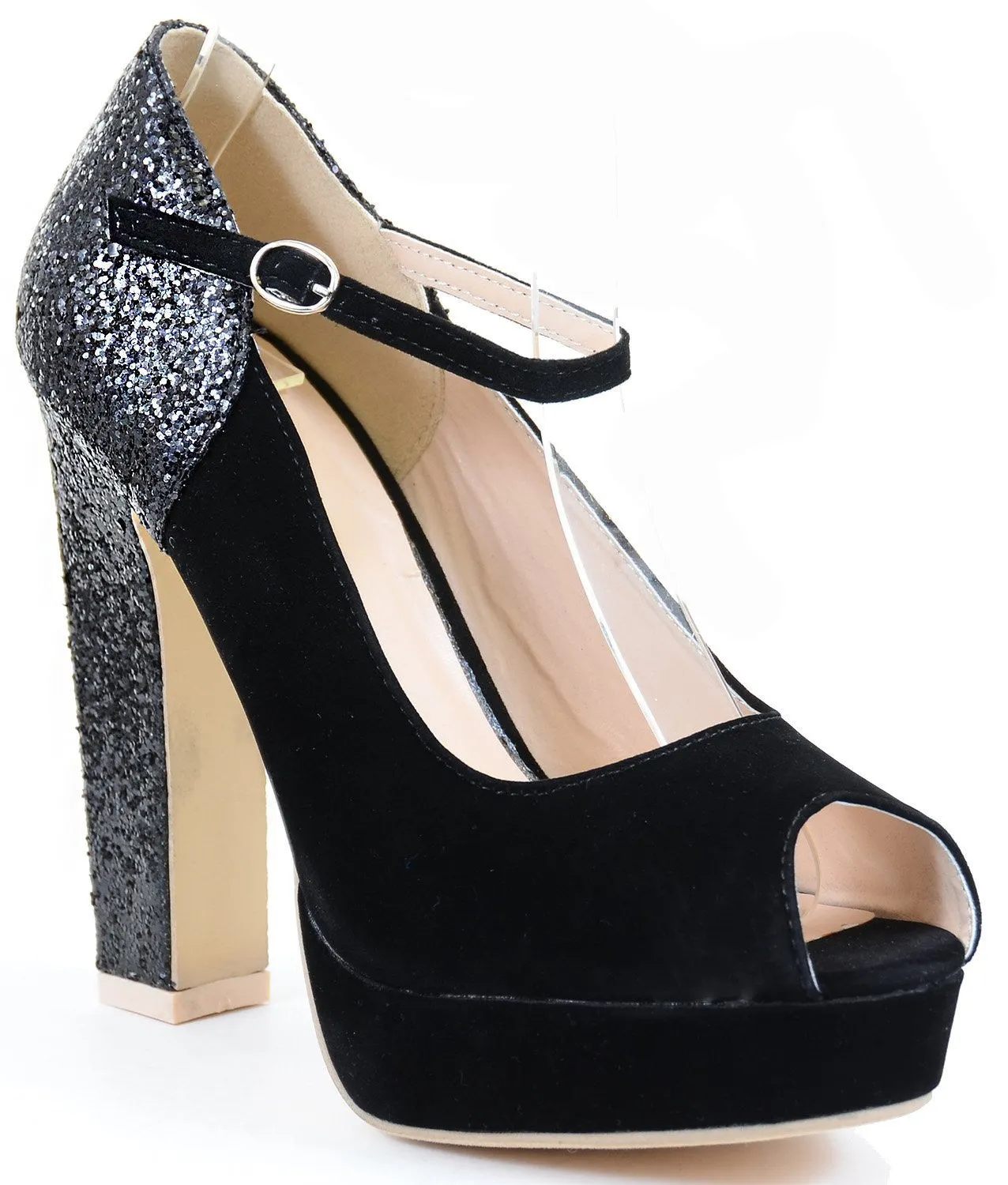 Peep-toe Glitter Mary Jane Women Chunky Heel Hidden Platform Pumps Shoes