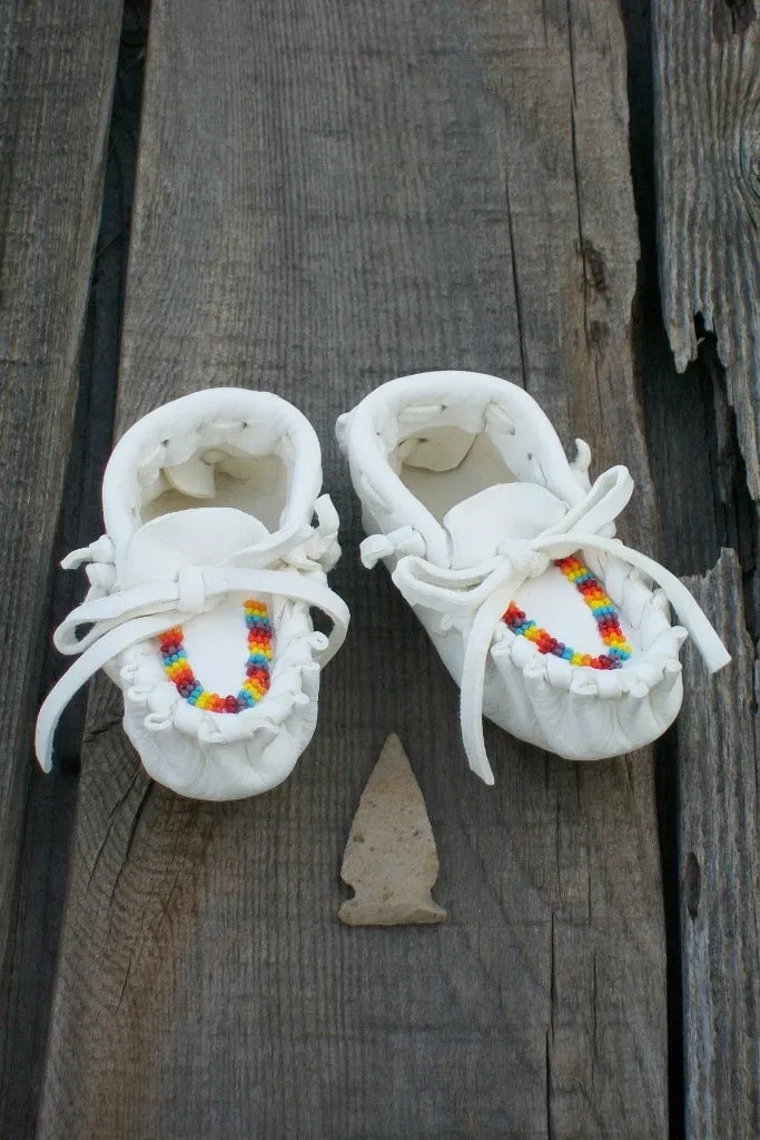 Rainbow beaded baby moccasins, white buckskin baby moccasins infant moccasins