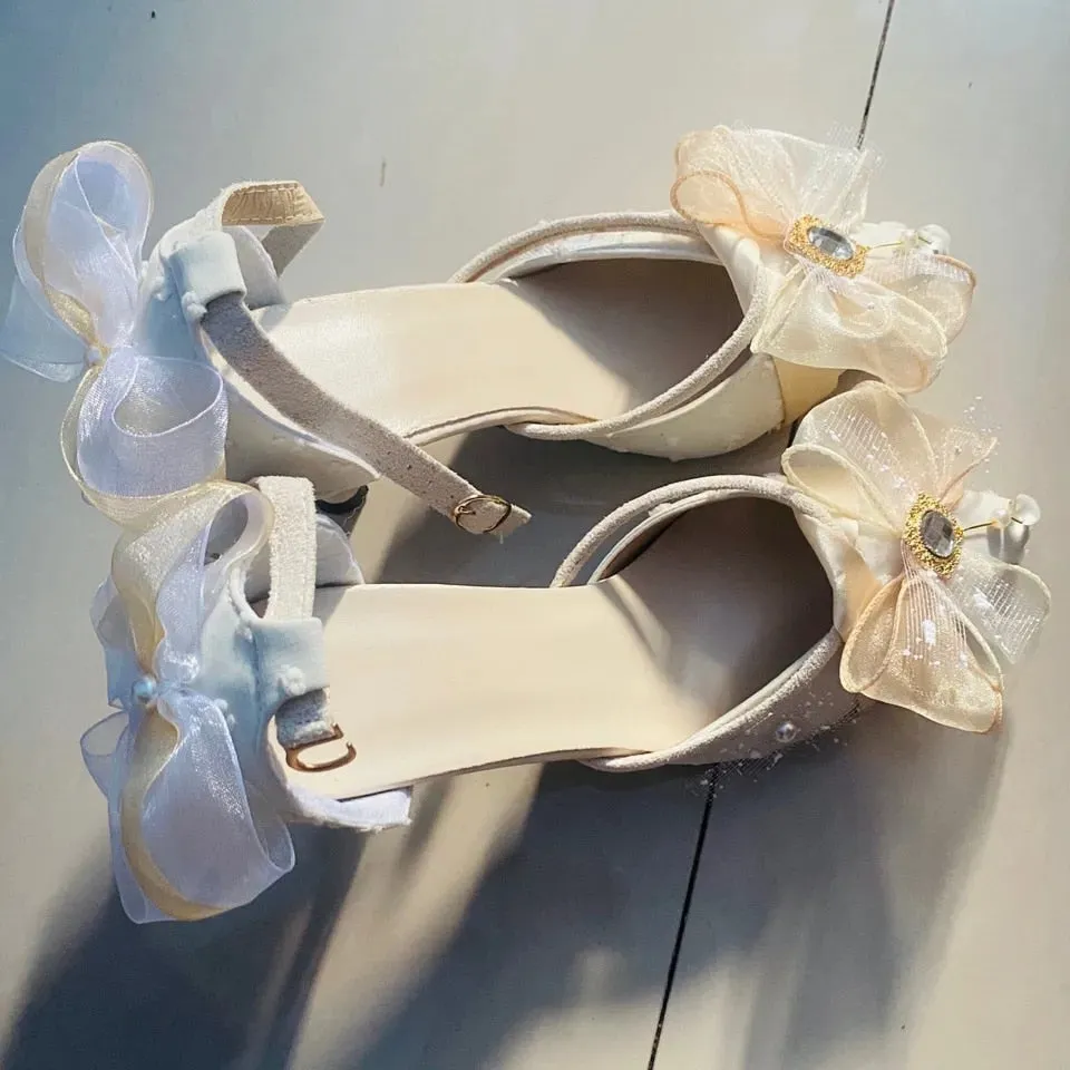 Retro Romantic Palace Style Cosplay Elegant Flower Wedding Girl Tea Party Gorgeous Gem Pearl Bow Lace 8cm High Heeled Shoes