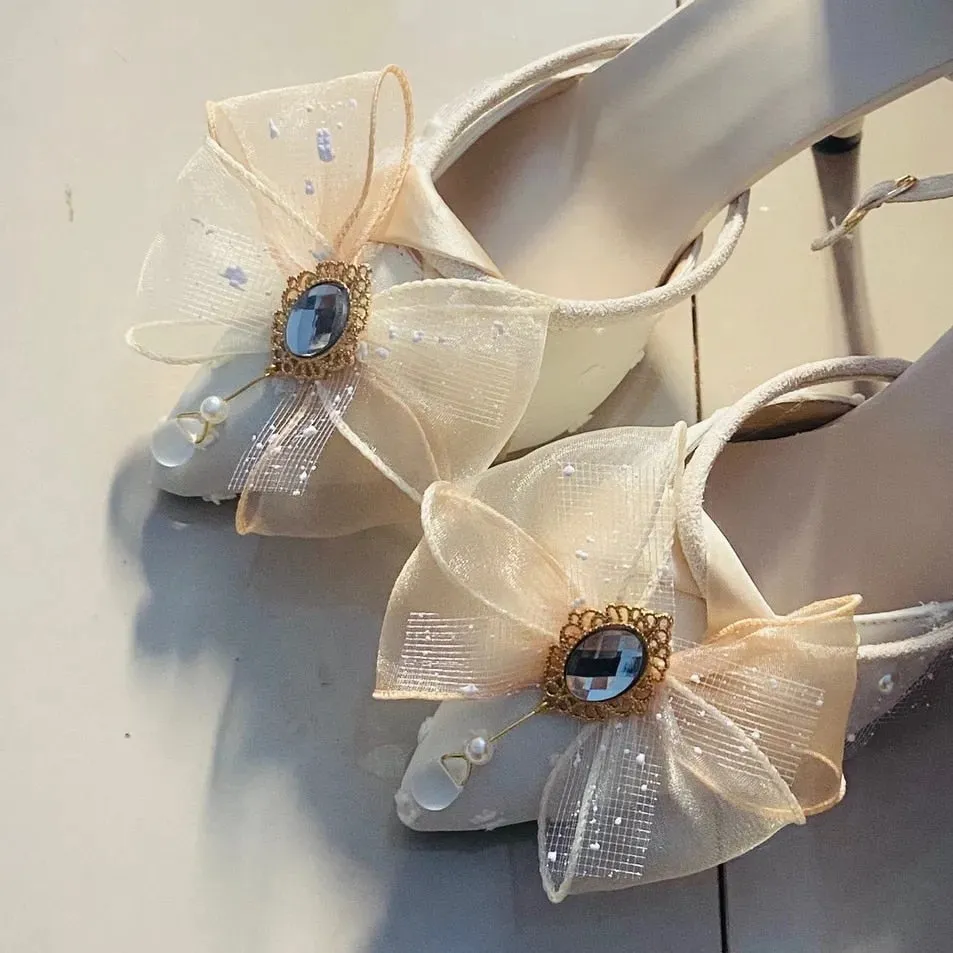 Retro Romantic Palace Style Cosplay Elegant Flower Wedding Girl Tea Party Gorgeous Gem Pearl Bow Lace 8cm High Heeled Shoes