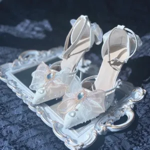 Retro Romantic Palace Style Cosplay Elegant Flower Wedding Girl Tea Party Gorgeous Gem Pearl Bow Lace 8cm High Heeled Shoes