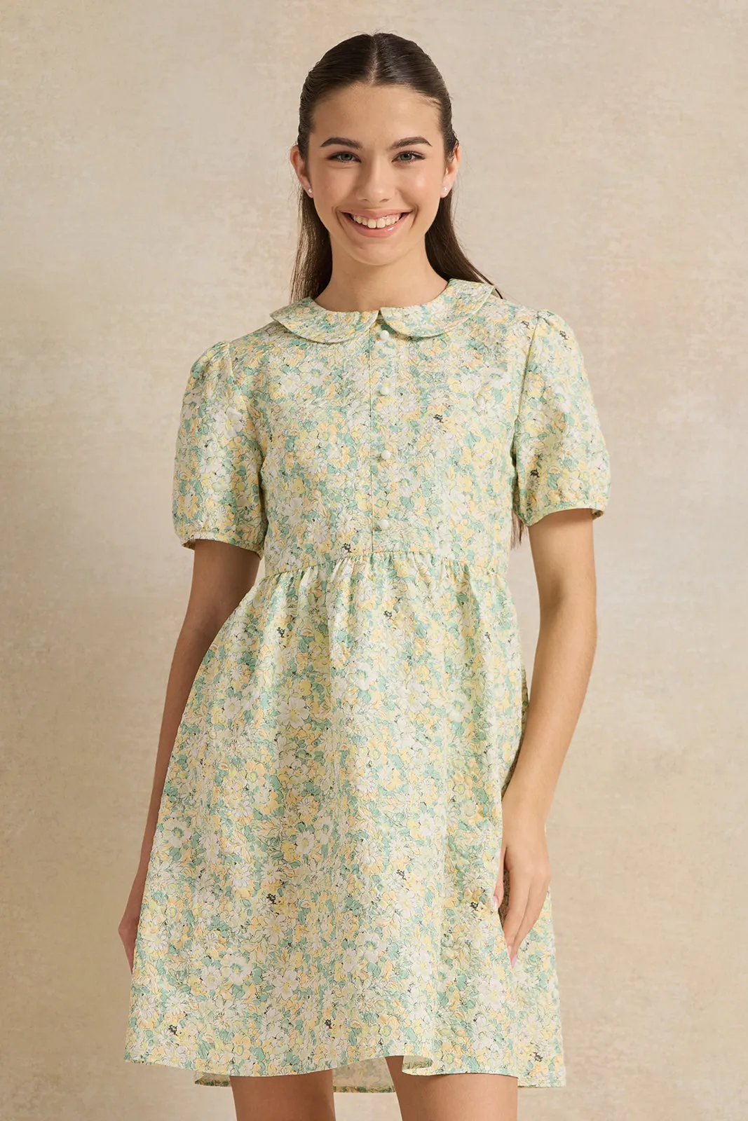 Senior Girls Multicolour Printed Dobby Peter Pan Collar Dress