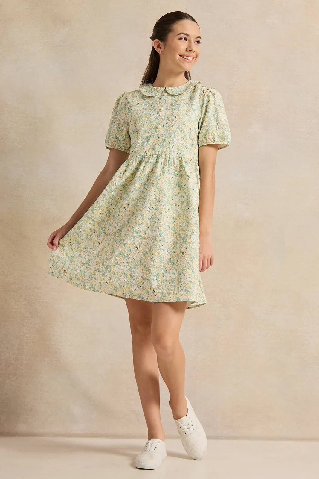 Senior Girls Multicolour Printed Dobby Peter Pan Collar Dress