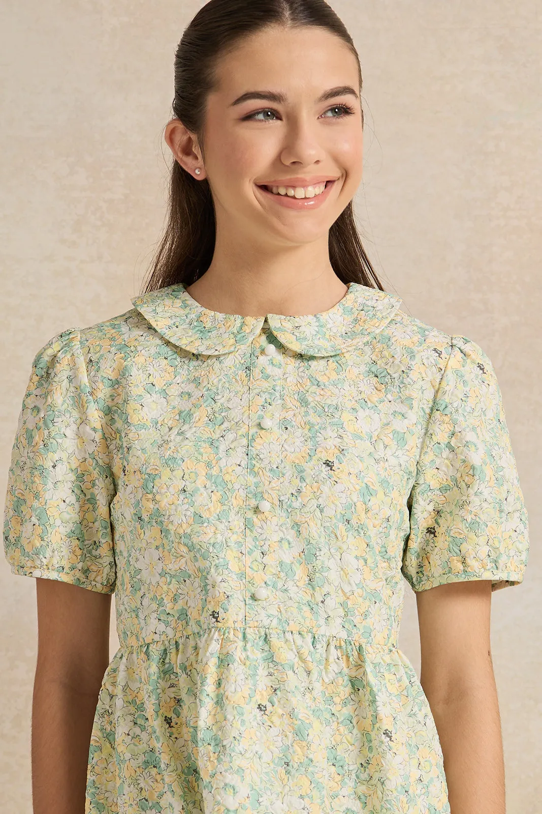 Senior Girls Multicolour Printed Dobby Peter Pan Collar Dress