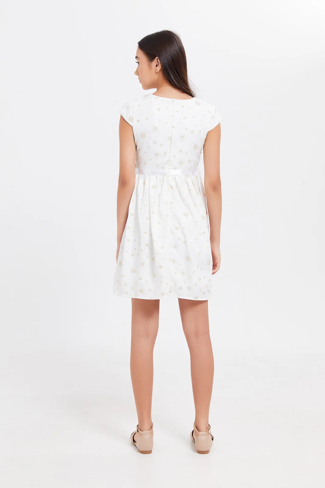 Senior Girls White And Gold Jacquard Dress