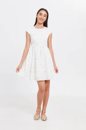 Senior Girls White And Gold Jacquard Dress