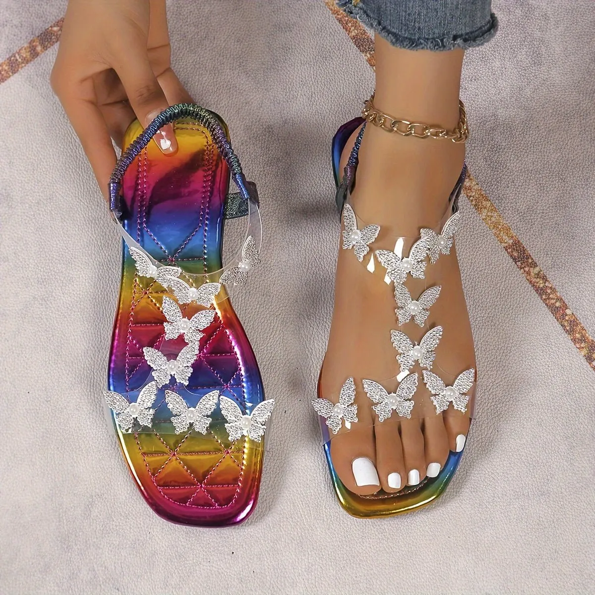 Shine in Style with Rhinestone Butterfly Flat Sandals for Women