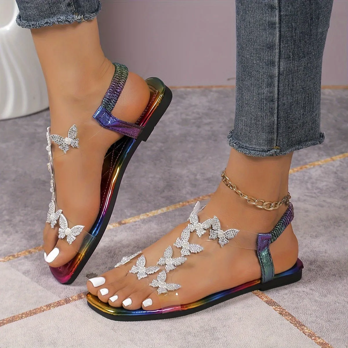 Shine in Style with Rhinestone Butterfly Flat Sandals for Women