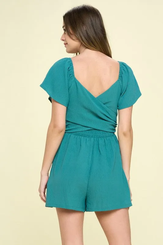 Solid Woven Wrap  Bodice Romper