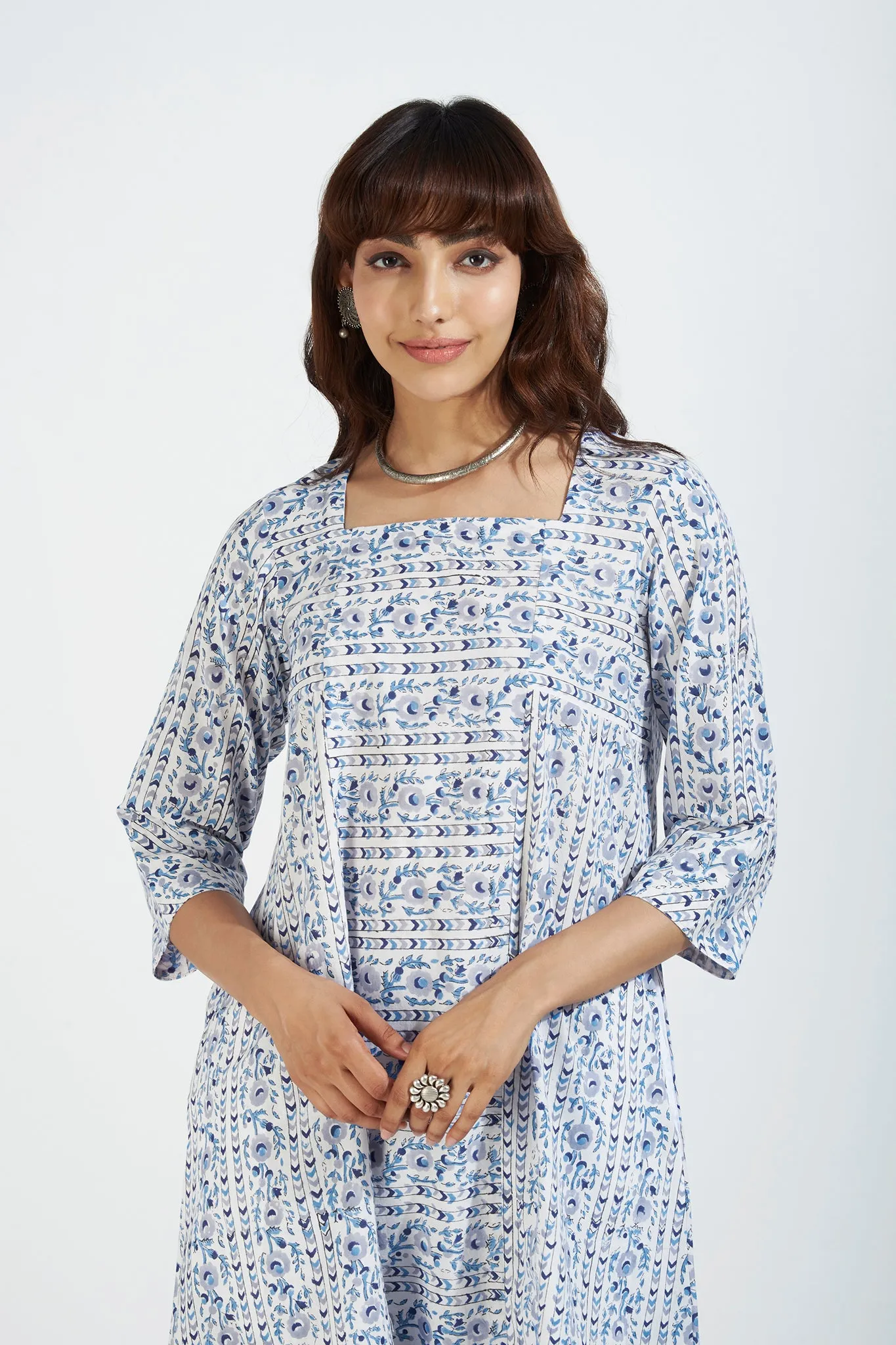 square neck paneled kurta - whispering skyline & azure bloom