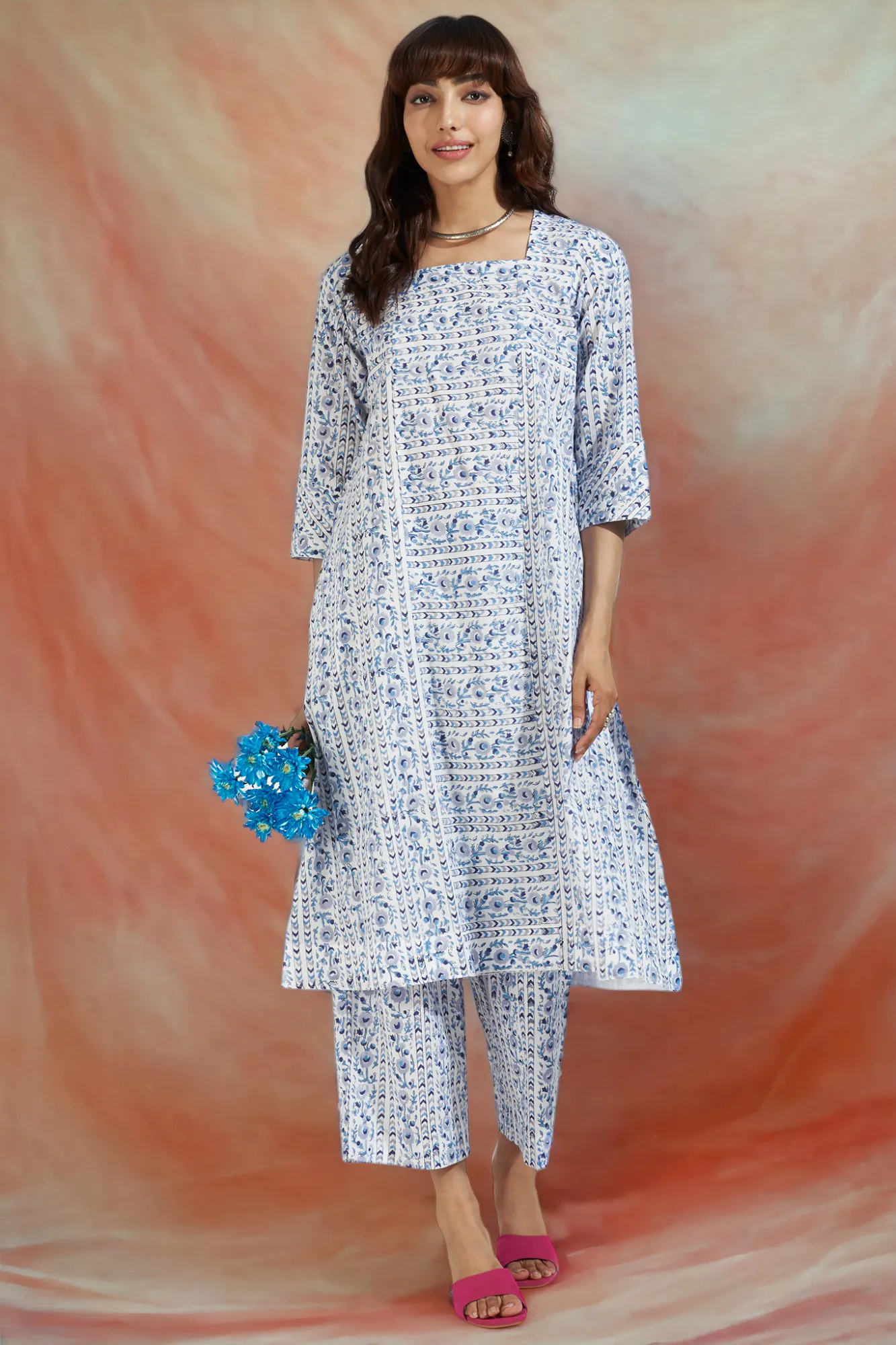 square neck paneled kurta - whispering skyline & azure bloom