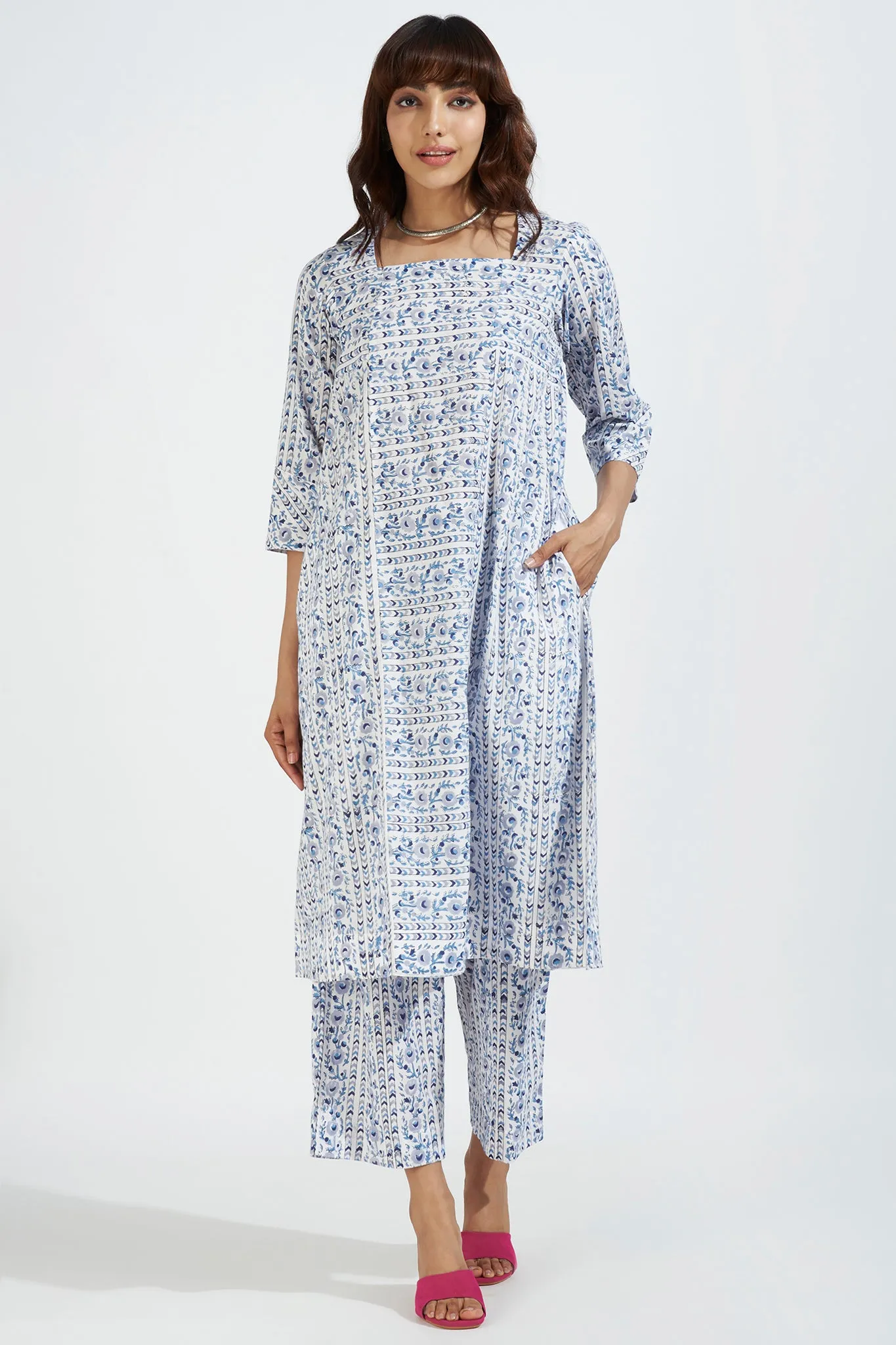 square neck paneled kurta - whispering skyline & azure bloom