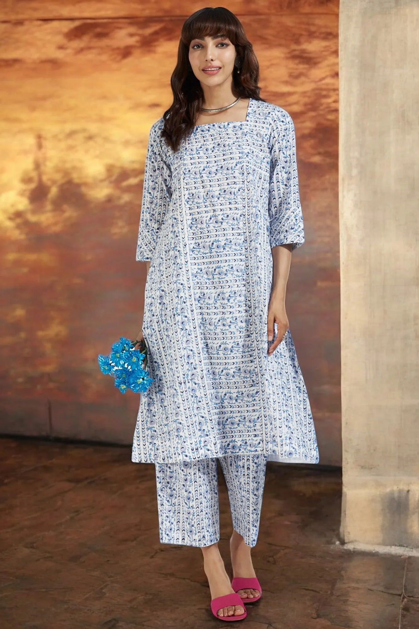 square neck paneled kurta - whispering skyline & azure bloom