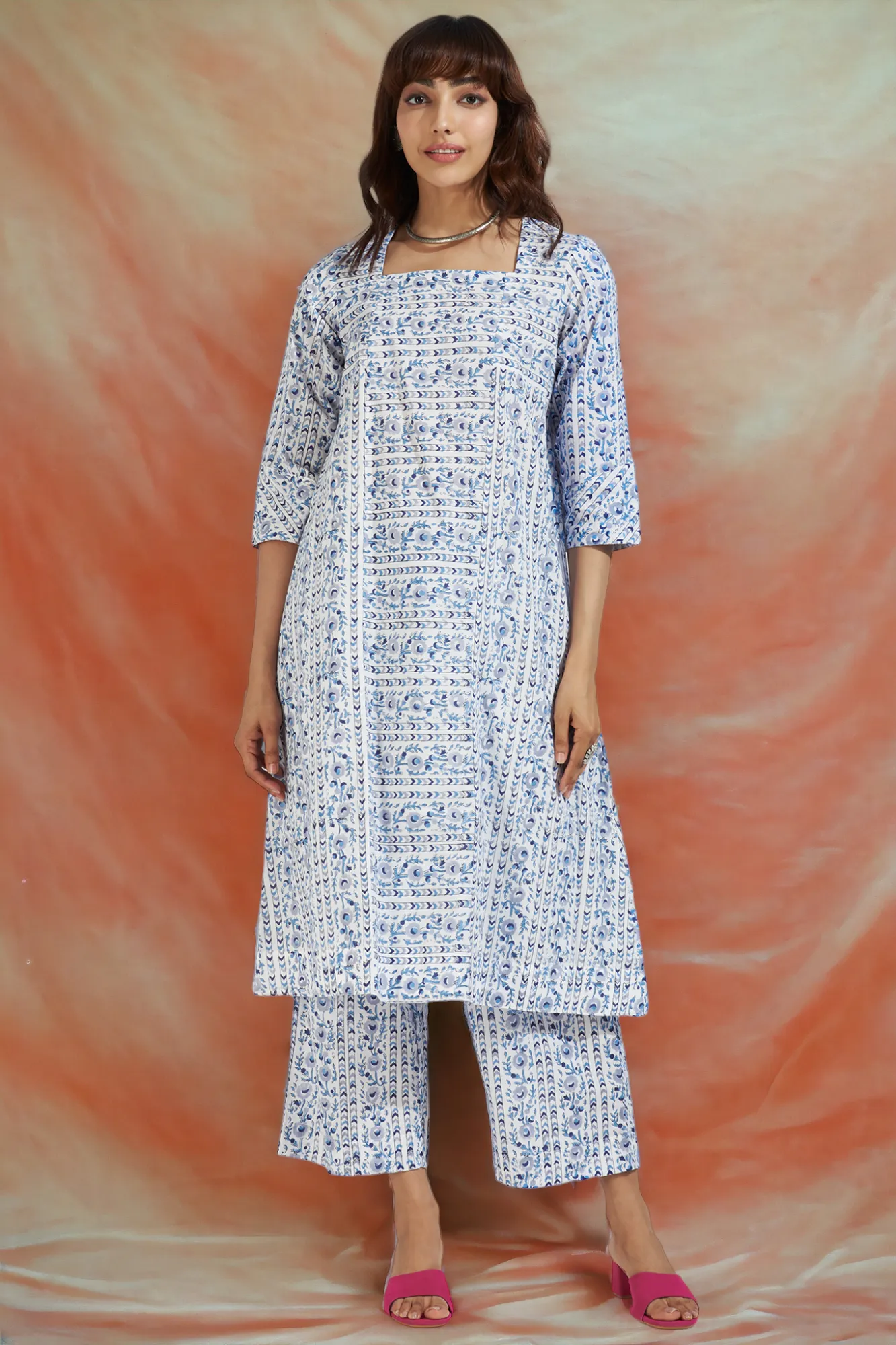 square neck paneled kurta - whispering skyline & azure bloom