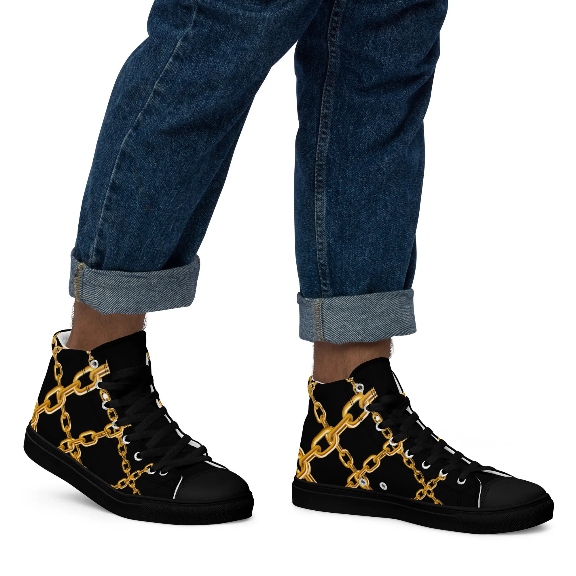 Steampunk Elegance: Black & Gold High Top Sneakers for Men - Unique Streetwear, Designer Canvas, Luxury Festival Footwear with Stylish Art Deco Chain Links